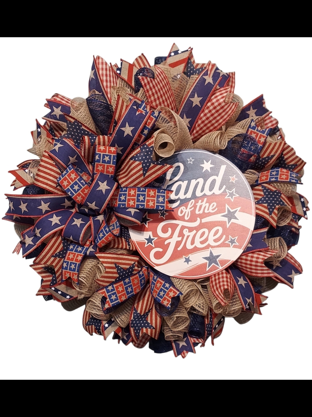 Hand Crafted Red, Blue & Beige Patriotic 'Land of the Free' Holiday Wreath